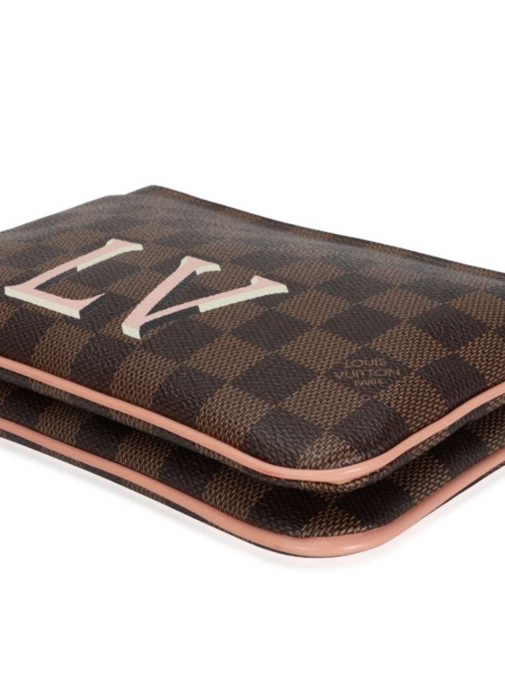 Louis Vuitton Brown Damier Ebene Canvas Pouch with Pink Trim and LV Initials - Picture 6 of 12
